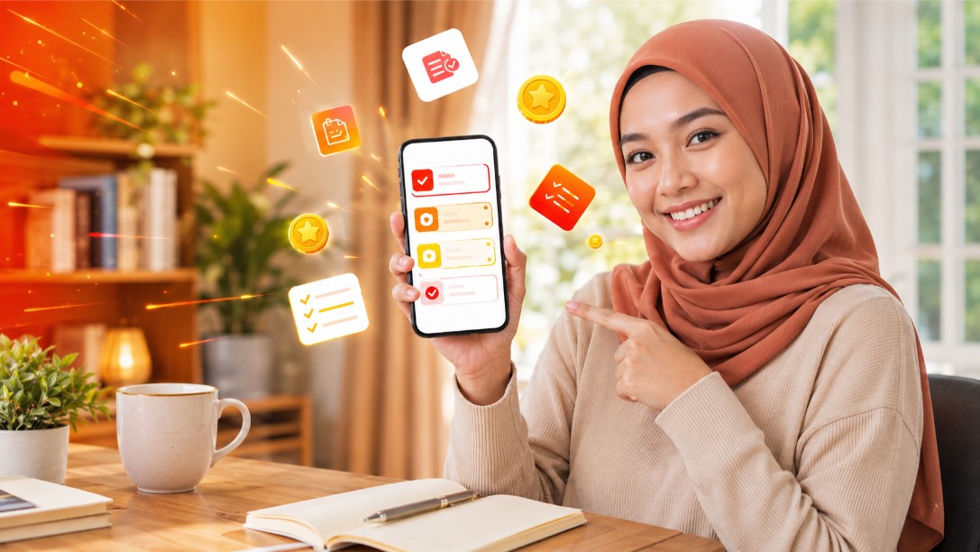 Pengguna menyemak tugasan kecil melalui telefon pintar